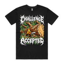 Challenge Accepted shirt in Black, front view with chainsaw operator and oversized fallen tree artwork