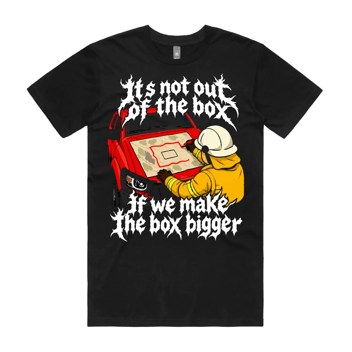 Not Out of the Box shirt in Black, front flat lay with a firefighter enlarging a containment box on a map