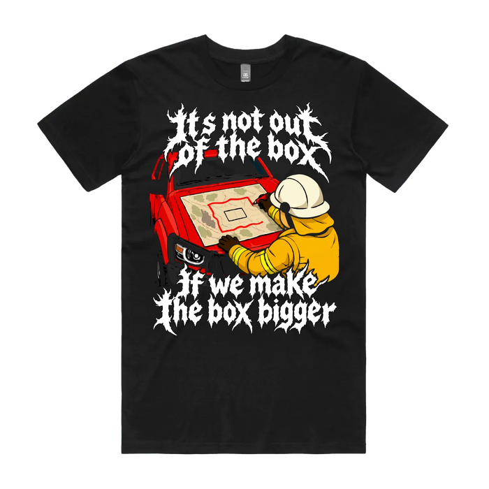 Not Out of the Box shirt in Black, front flat lay with a firefighter enlarging a containment box on a map