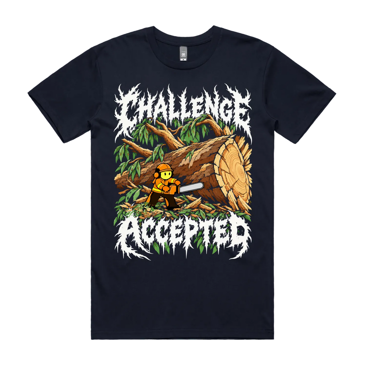 Challenge Accepted shirt in Navy, front view with chainsaw operator and oversized fallen tree artwork