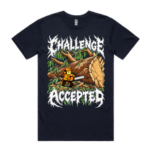 Challenge Accepted shirt in Navy, front view with chainsaw operator and oversized fallen tree artwork