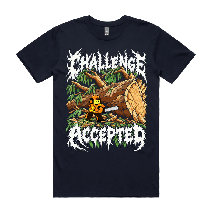 Challenge Accepted shirt in Navy, front view with chainsaw operator and oversized fallen tree artwork