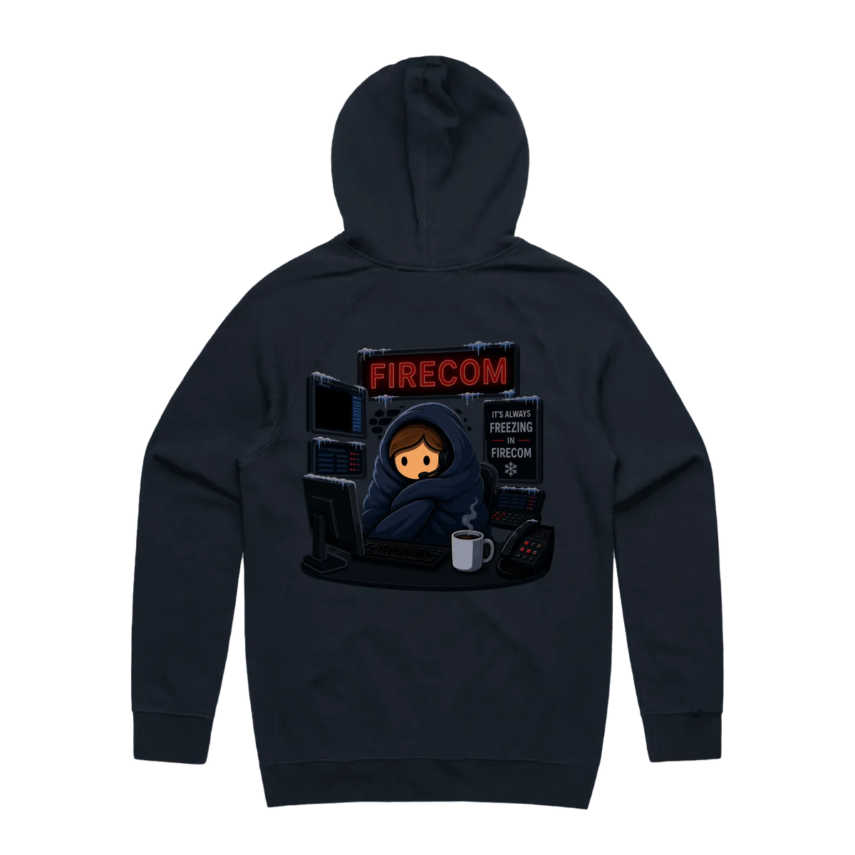 Freezing in Firecom hoodie, navy back print
