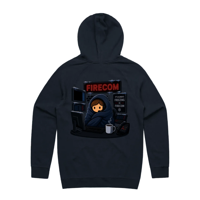 Freezing in Firecom hoodie, navy back print